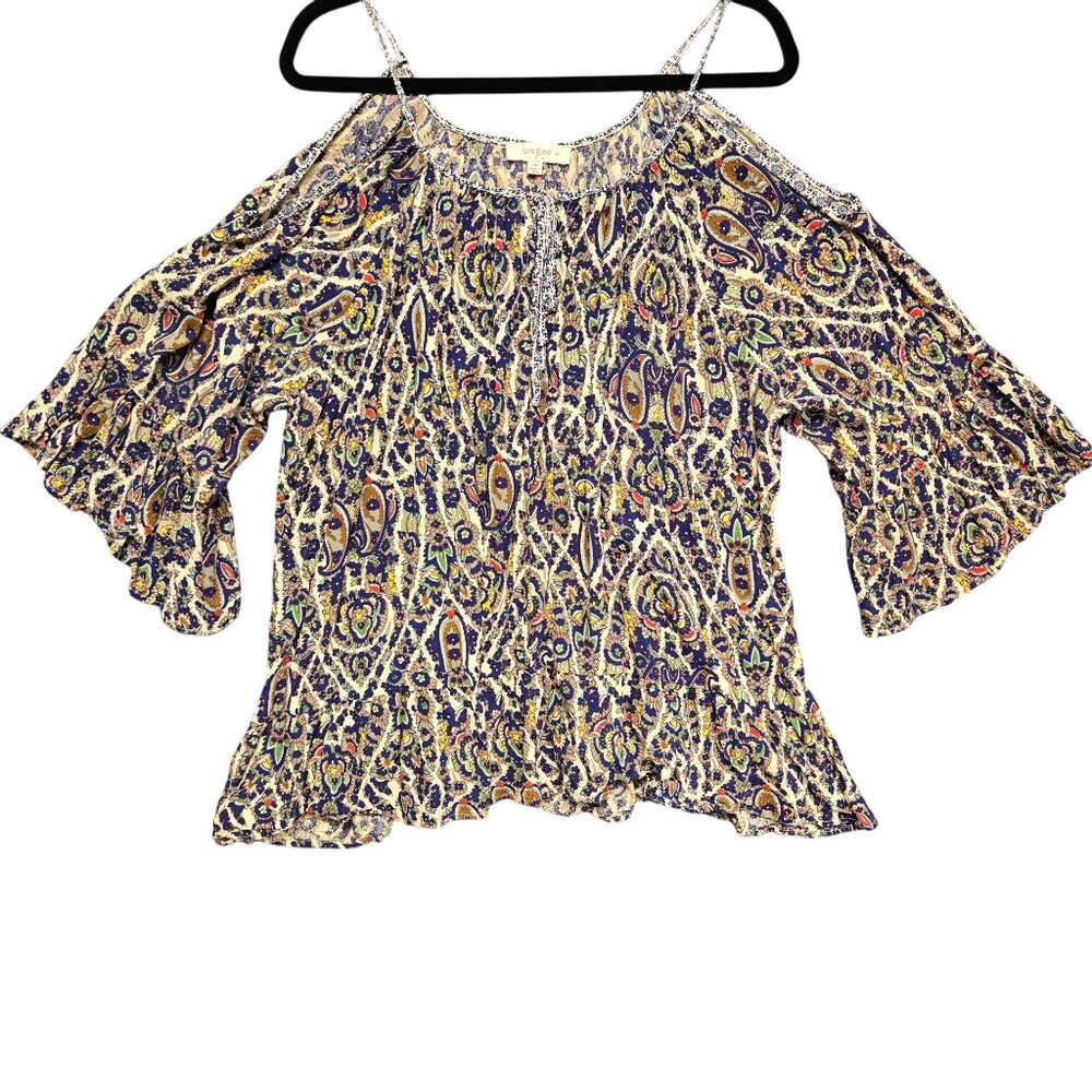 Umgee Top Cold Shoulder Paisley Bell Sleeve 2XL Multi Boho Peasant Blouse Hippie